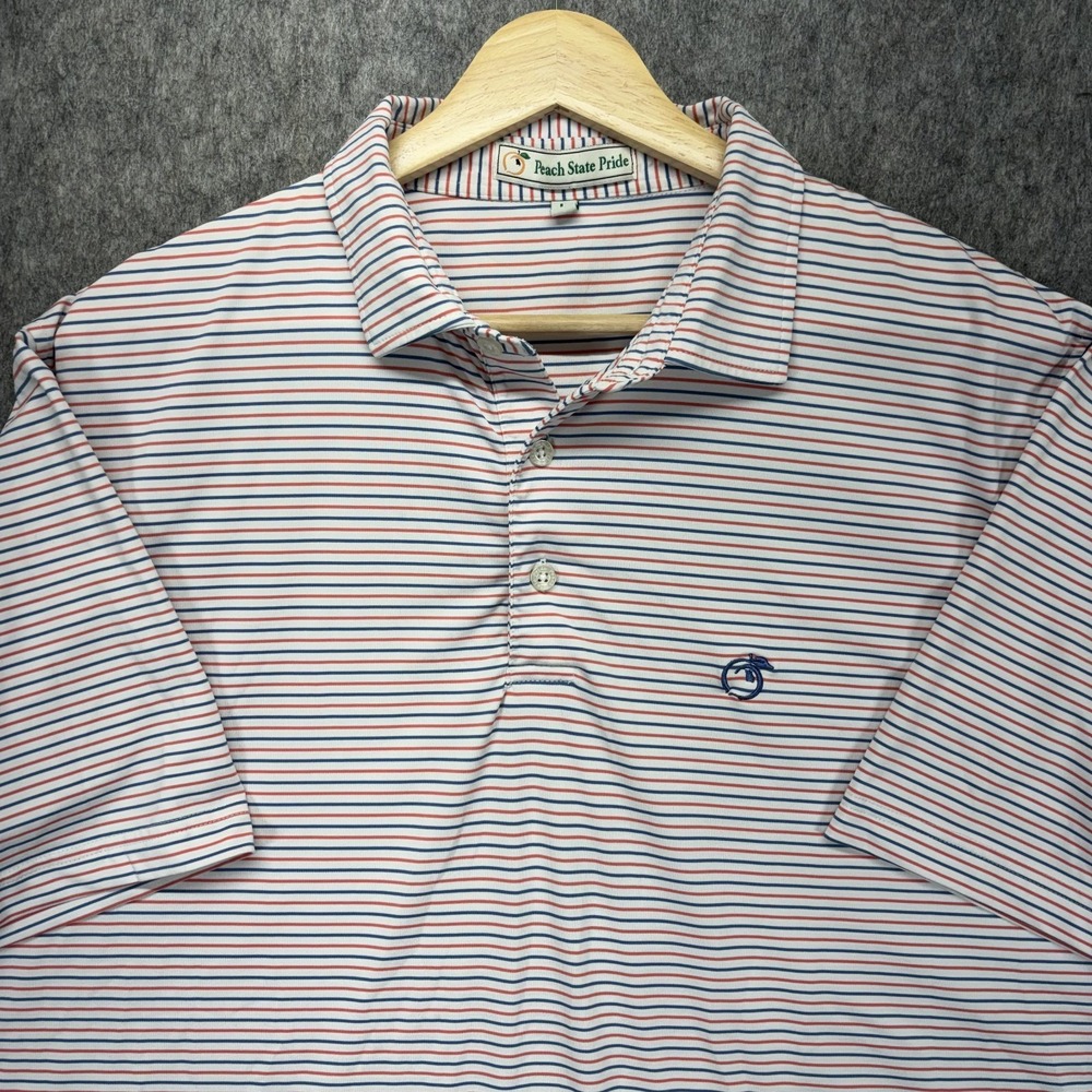 Peach State Pride Polo Shirt Men Large Short Sleeve Striped Georgia Stretch Golf